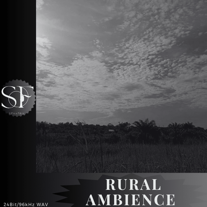 Black and white rural landscape with grassy fields, distant trees, cloudy sky. “Rural Ambience” text at bottom, “SF” logo top left.