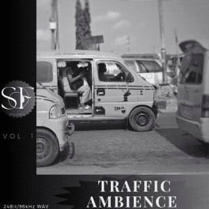 Black-and-white minibus with open sliding door parked on busy street; person inside, another vehicle in front. Text: “TRAFFIC AMBIENCE VOL. 1.”.