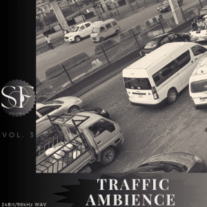 Black and white view from above of cars and vans in moderate city street traffic. Text: "SP, VOL. 3, TRAFFIC AMBIENCE, 24Bit/96kHz WAV.