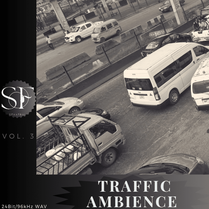 Black and white view from above of cars and vans in moderate city street traffic. Text: "SP, VOL. 3, TRAFFIC AMBIENCE, 24Bit/96kHz WAV.