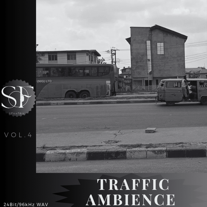 Black and white street scene with a large bus and pickup truck parked by the roadside, multi-storey building in background, "TRAFFIC AMBIENCE" label at bottom.