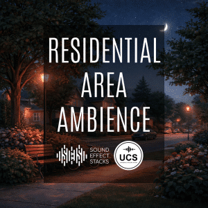 Peaceful residential street at night with lit street lamps, crescent moon, benches, bushes, “Residential Area Ambience” text, and sound logos.
