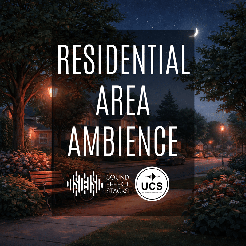 Peaceful residential street at night with lit street lamps, crescent moon, benches, bushes, “Residential Area Ambience” text, and sound logos.