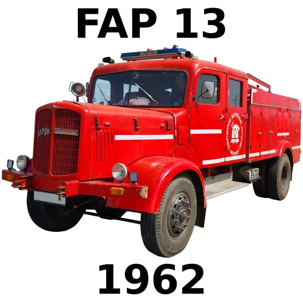 Vintage red fire truck labeled "FAP 13" with "1962" above and below, featuring classic design and white stripes along the side.