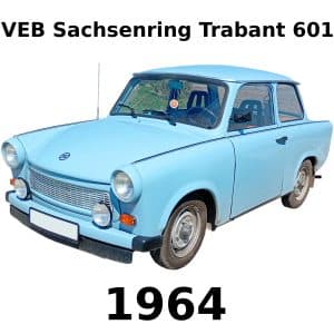 A light blue 1964 VEB Sachsenring Trabant 601 car isolated on a white background, with text above and below stating make, model, year.