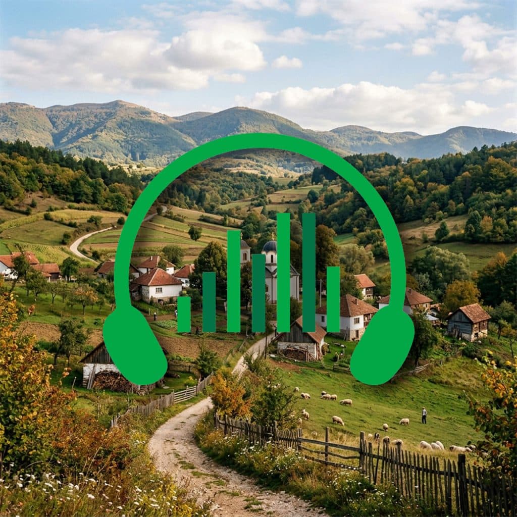 Rural village with scattered houses, winding dirt path, green fields, tree-covered hills under clouds. Green headphones graphic overlays scene.