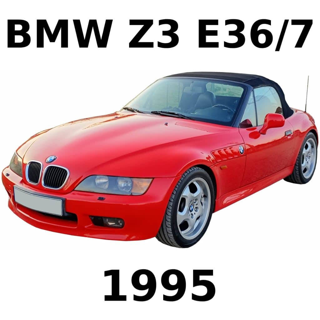 Red 1995 BMW Z3 E36/7 convertible, front left view, black soft top, five-spoke wheels. Large text shows model and year.