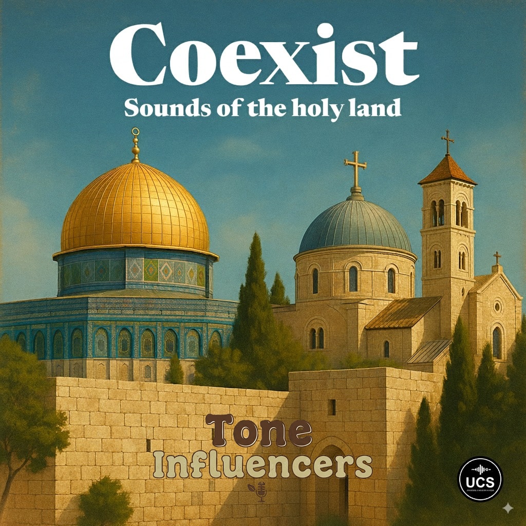 Illustration of the Dome of the Rock and a church with a cross under a blue sky. Text: “Coexist: Sounds of the holy land,” “Tone Influencers,” and UCS logo.