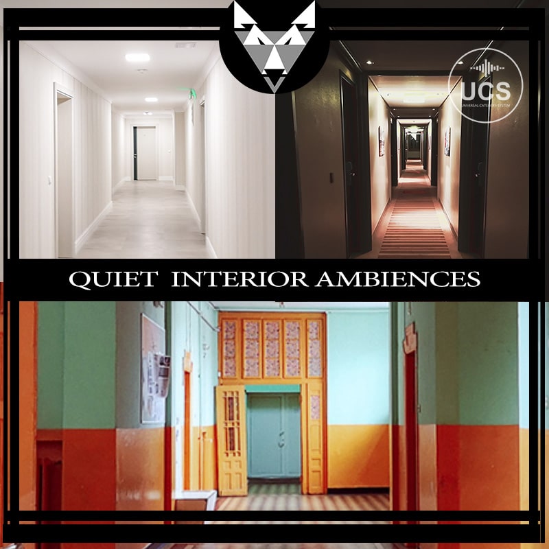 Collage of three hallways: a white corridor, dim carpeted hallway, and vintage hallway. "QUIET INTERIOR AMBIENCES" text with black logo above.