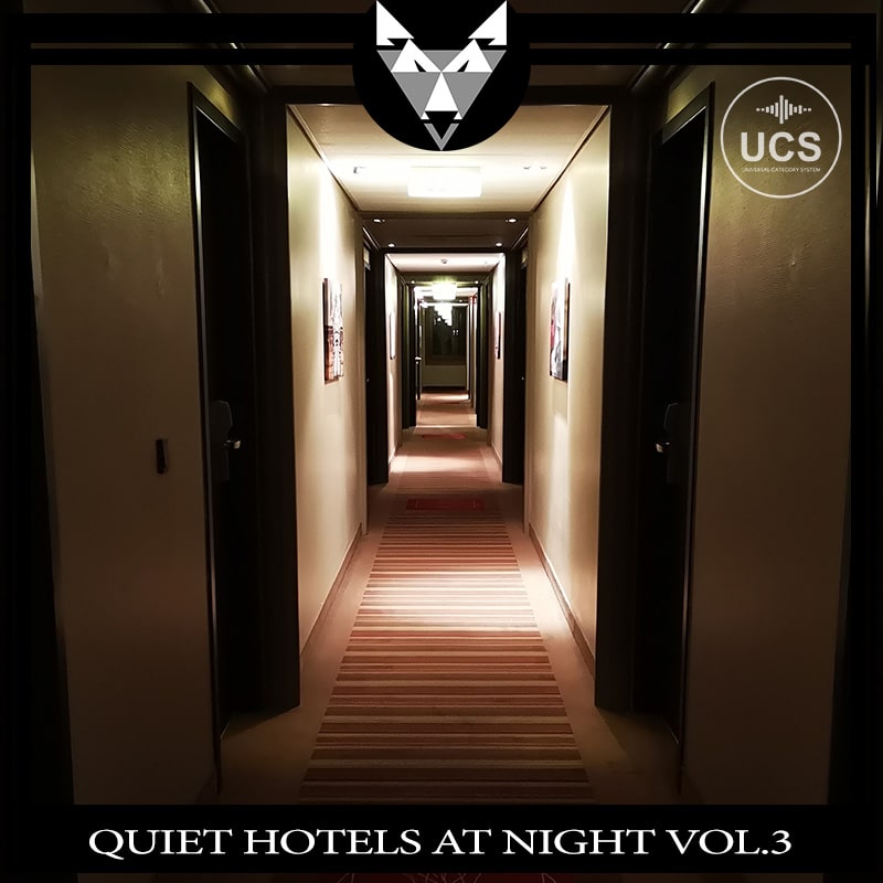 Dimly lit hotel hallway with closed doors, striped carpet, soft lighting. "QUIET HOTELS AT NIGHT VOL.3" at bottom, logos in corners.