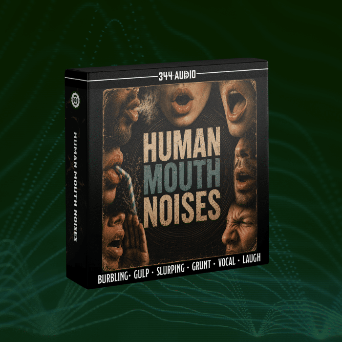 A box labeled "HUMAN MOUTH NOISES" from 344 Audio with mouth photos, sound types listed, on a dark background with green soundwaves.