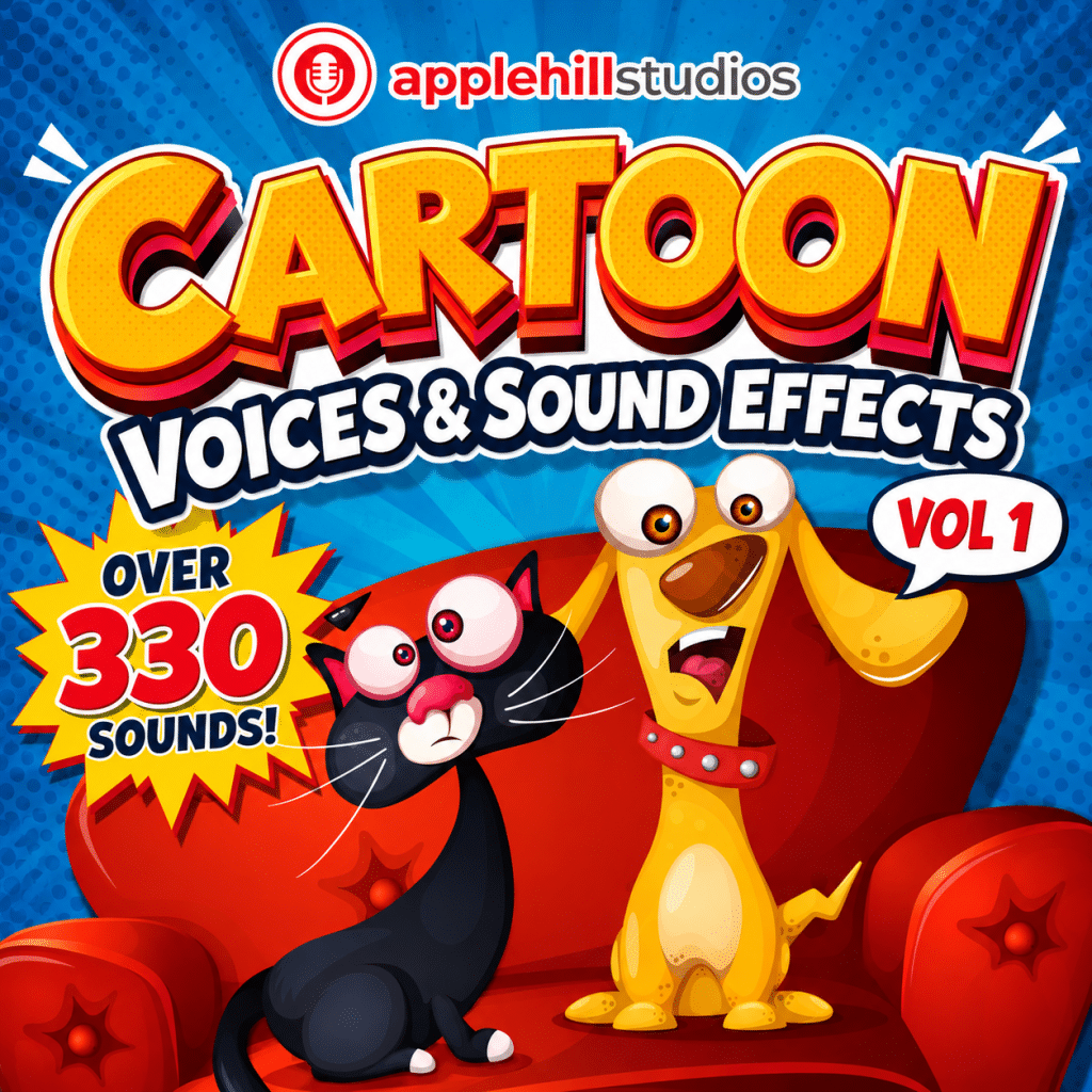 Cartoon dog and cat with excited expressions sit on a red couch. Text: "applehillstudios, CARTOON VOICES & SOUND EFFECTS VOL 1, OVER 330 SOUNDS!" Blue background with comic-style patterns.