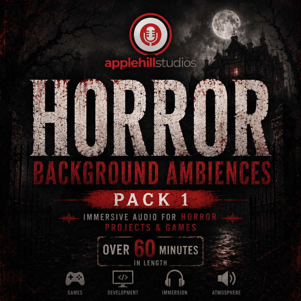 Dark image promoting “Horror Background Ambiences Pack 1” by applehill studios, showing haunted mansion, full moon, gothic trees, and bold text for horror projects and games.