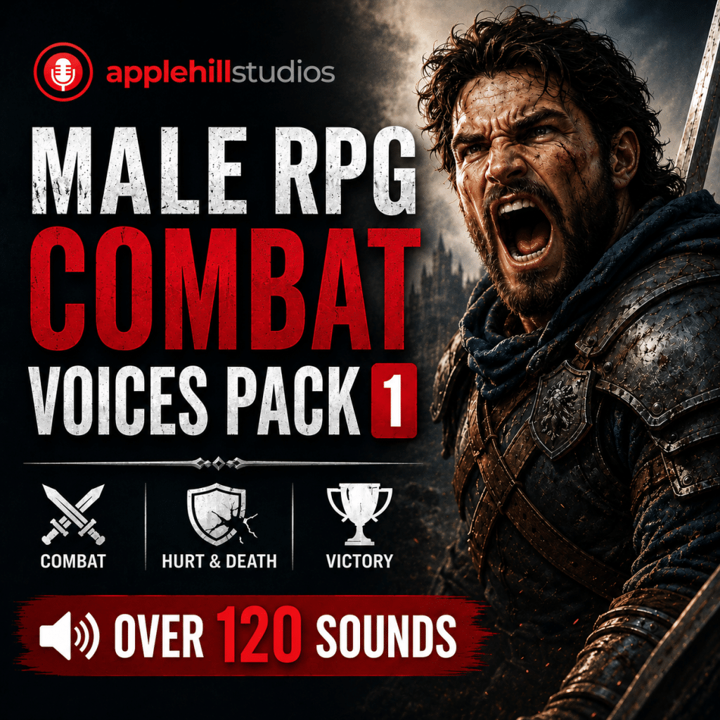 A rugged man in medieval armor shouts. Text reads: applehill studios Male RPG Combat Voices Pack 1, over 120 sounds. Sword, shield, and trophy icons.