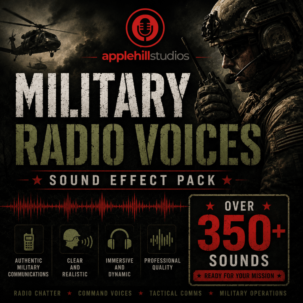 Promotional image for "Military Radio Voices Sound Effect Pack" by applehill studios, showing a soldier with radio gear and text: over 350 sounds, authentic comms, realism, tactical and military use.