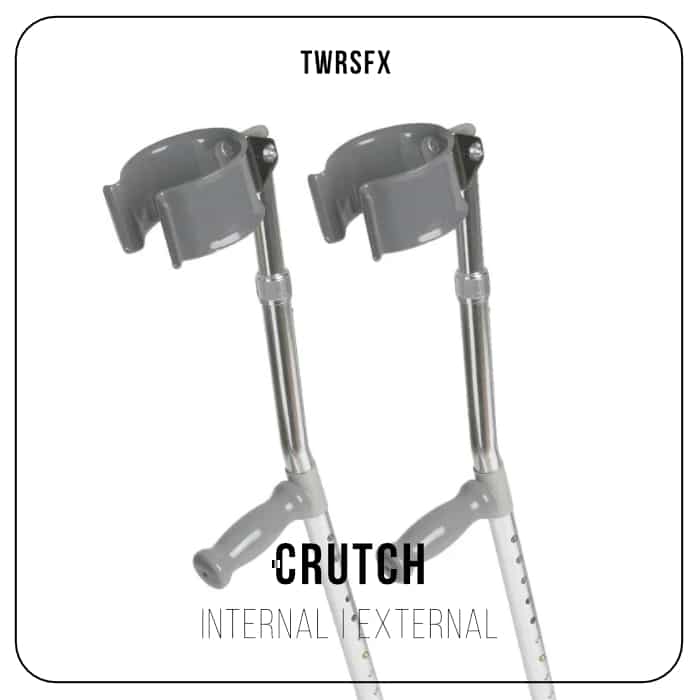Two adjustable gray forearm crutches with ergonomic handles and arm cuffs stand upright on a white background. "CRUTCH INTERNAL | EXTERNAL" appears below.