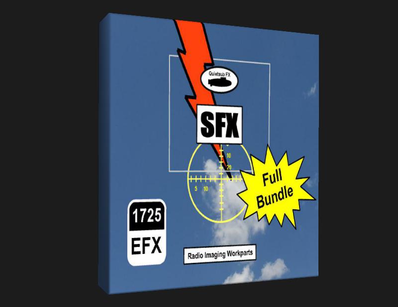Digital product box labeled "SFX Full Bundle" featuring a lightning bolt, crosshair, clouds, and text: "1725 EFX," "Radio Imaging Workparts.