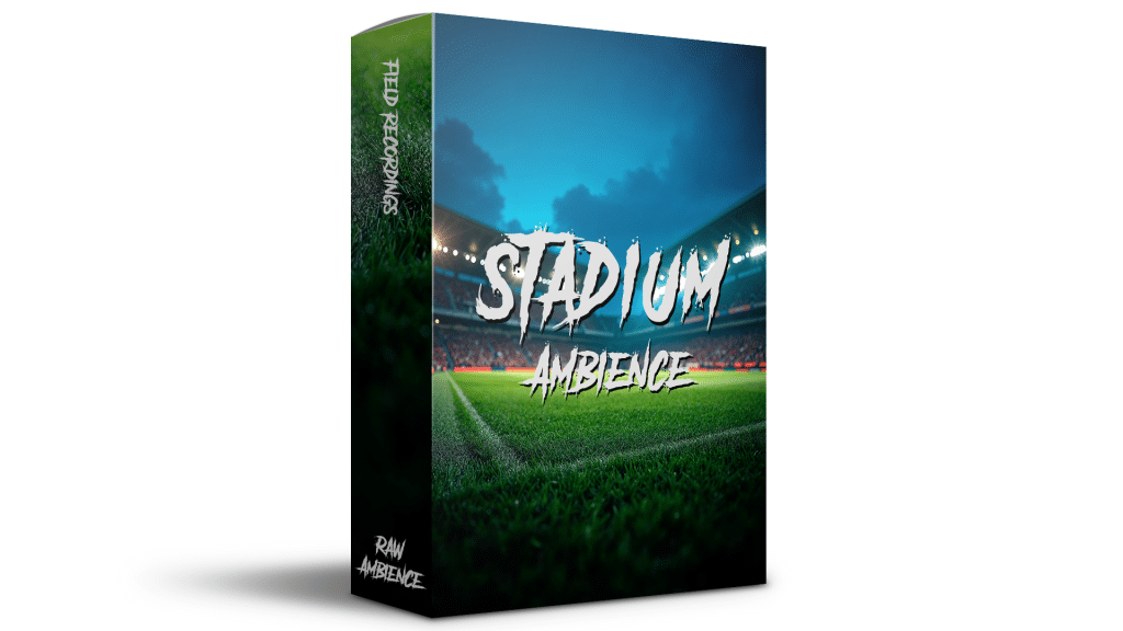 3D-rendered box labeled "Stadium Ambience" shows a lit soccer stadium at dusk; "Field Recordings" and "Raw Ambience" on edges.