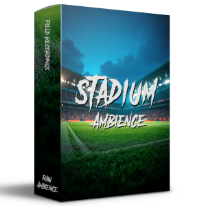 3D-rendered box labeled "Stadium Ambience" shows a lit soccer stadium at dusk; "Field Recordings" and "Raw Ambience" on edges.