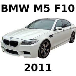 White BMW M5 F10 sports sedan, front left view, with bold "BMW M5 F10" above and "2011" below on a white background.