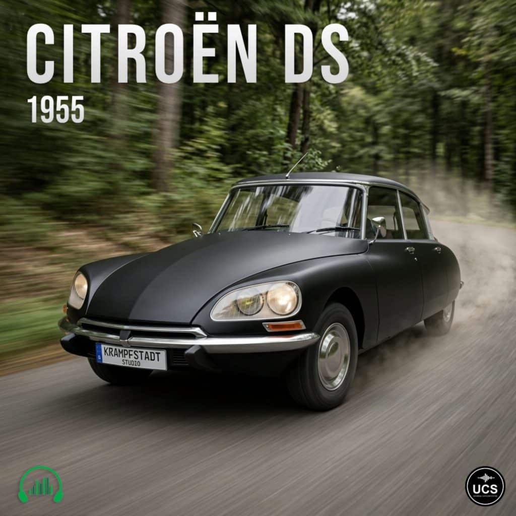 A black 1955 Citroën DS driving quickly down a tree-lined road, dust behind it. "CITROËN DS 1955" text at top, two logos below.