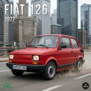 A red 1972 Fiat 126 with a "KRAMPFSTADT STUDIO" license plate drives down a city street, tall buildings in the background.
