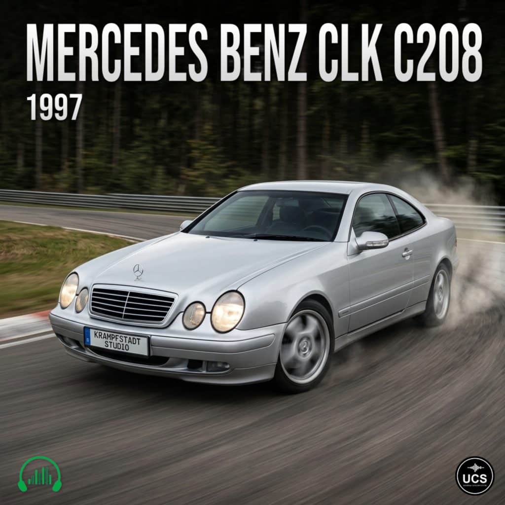 A silver 1997 Mercedes Benz CLK C208 coupe drives quickly on a racetrack, dust trailing, with car model text above and logos in corners.