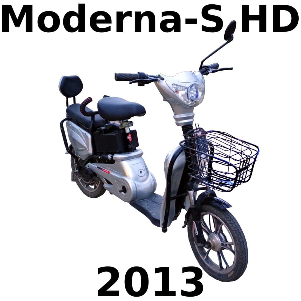 Black and silver Moderna-S HD electric scooter with front basket and rear seat on white background, "Moderna-S HD" above, "2013" below.