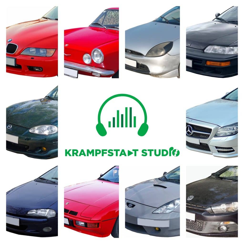 Eight car front ends form a grid around the green Krampfstaat Studio logo with headphones and a sound wave above the studio name.