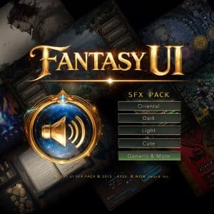 Fantasy UI SFX Pack menu with large golden speaker icon, ornate "FANTASY UI" text, sound themes, and fantasy image collage backdrop.