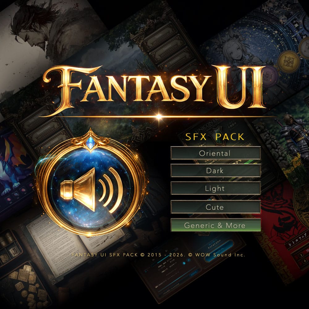 Fantasy UI SFX Pack menu with large golden speaker icon, ornate "FANTASY UI" text, sound themes, and fantasy image collage backdrop.