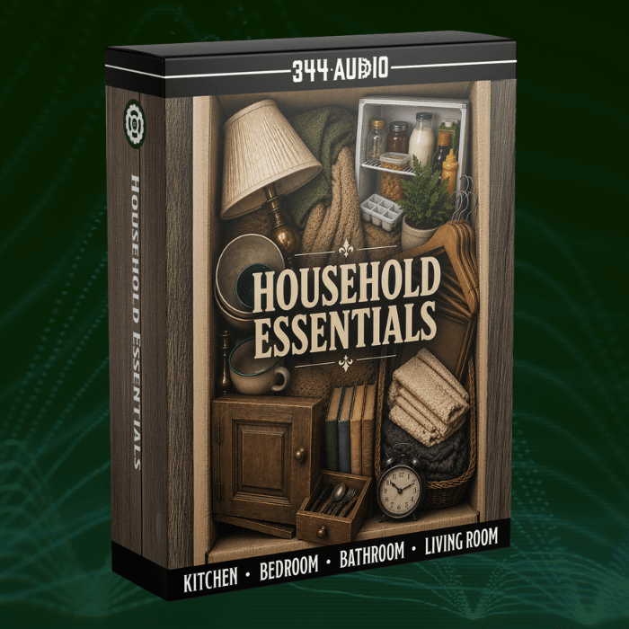 Product box labeled "Household Essentials" shows a lamp, folded towels, kitchen jars, and books; categories listed on box: Kitchen, Bedroom, Bathroom, Living Room.