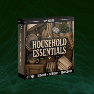 Product box labeled "Household Essentials" with images of towels, baskets, plants. Box reads: Kitchen • Bedroom • Bathroom • Living Room. "344 Audio" at top.