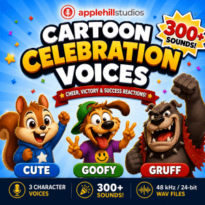 Colorful promo for “Cartoon Celebration Voices” by Applehill Studios, with cartoon characters labeled Cute, Goofy, Gruff, and text listing 300+ sounds and audio format details.