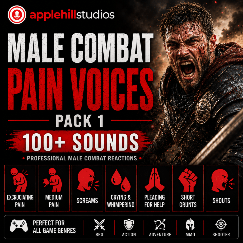 Promotional graphic for "Male Combat Pain Voices Pack 1" by applehill studios with a warrior, controller icons, and text about 100+ sounds.