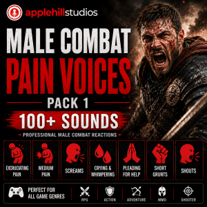 Promotional graphic for "Male Combat Pain Voices Pack 1" by applehill studios with a warrior, controller icons, and text about 100+ sounds.