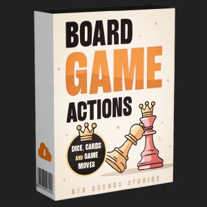 Game box labeled "Board Game Actions" with a white chess king, toppled gold king, and text: "Dice, cards and game moves." Published by GFX Sounds Studios.