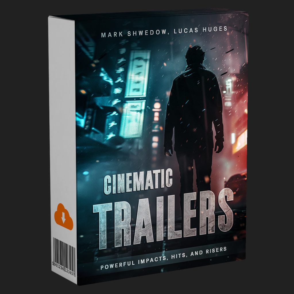 Software box titled "Cinematic Trailers," with a silhouette in a neon-lit city, names Mark Shwedow and Lucas Huges, and text "Powerful Impacts, Hits, and Risers" at the bottom.