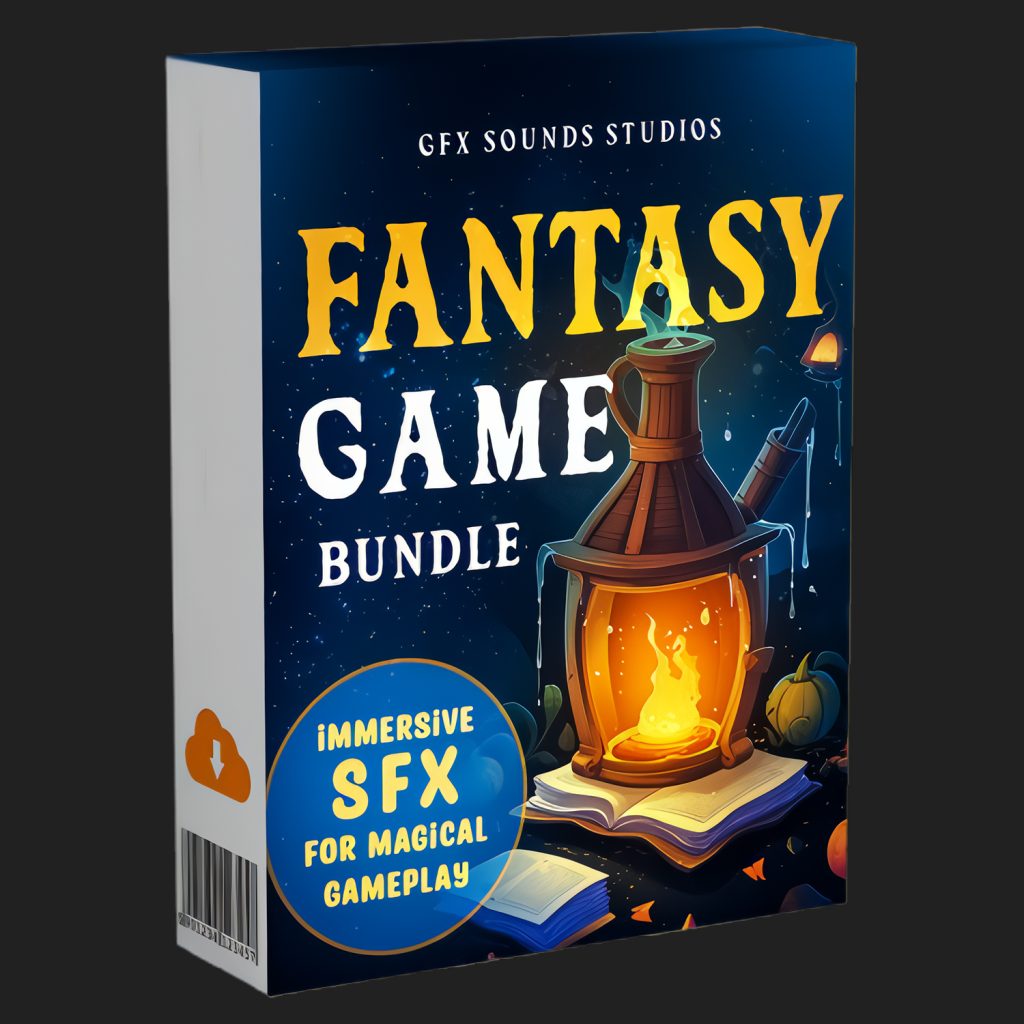 Product box labeled "Fantasy Game Bundle" with a glowing magical potion apparatus over an open book; blue circle highlights "Immersive SFX for Magical Gameplay".