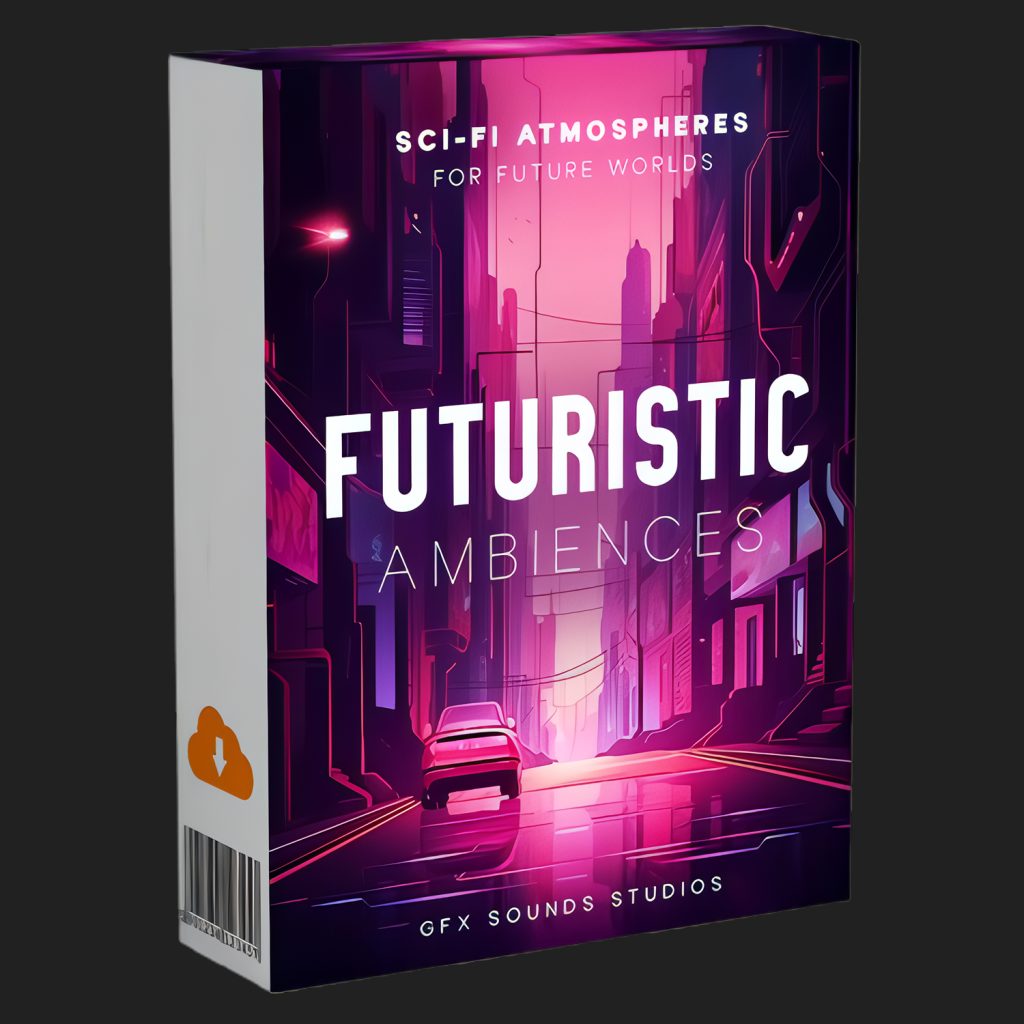 3D-rendered product box labeled "Futuristic Ambiences" with a neon-lit cityscape, car on street, and text about sci-fi atmospheres.