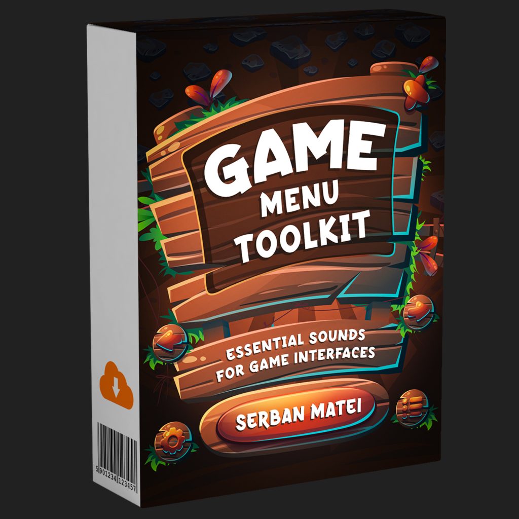 3D box labeled "Game Menu Toolkit" with cartoon graphics, text "Essential Sounds for Game Interfaces" by Serban Matei, and an orange cloud download icon on the side.