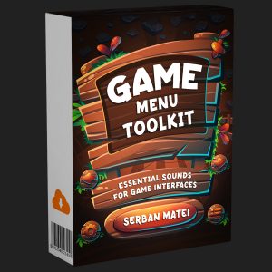 3D box labeled "Game Menu Toolkit" with cartoon graphics, text "Essential Sounds for Game Interfaces" by Serban Matei, and an orange cloud download icon on the side.