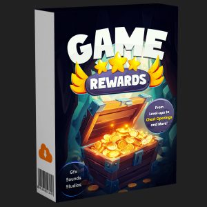 Game rewards box with glowing treasure chest of gold coins, three stars above "REWARDS," and text for level-ups, chest openings. Produced by Gfx Sounds Studios.