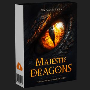 Software box showing a close-up of a dragon’s eye and textured scales, with "Majestic Dragons" title and tagline in yellow text.