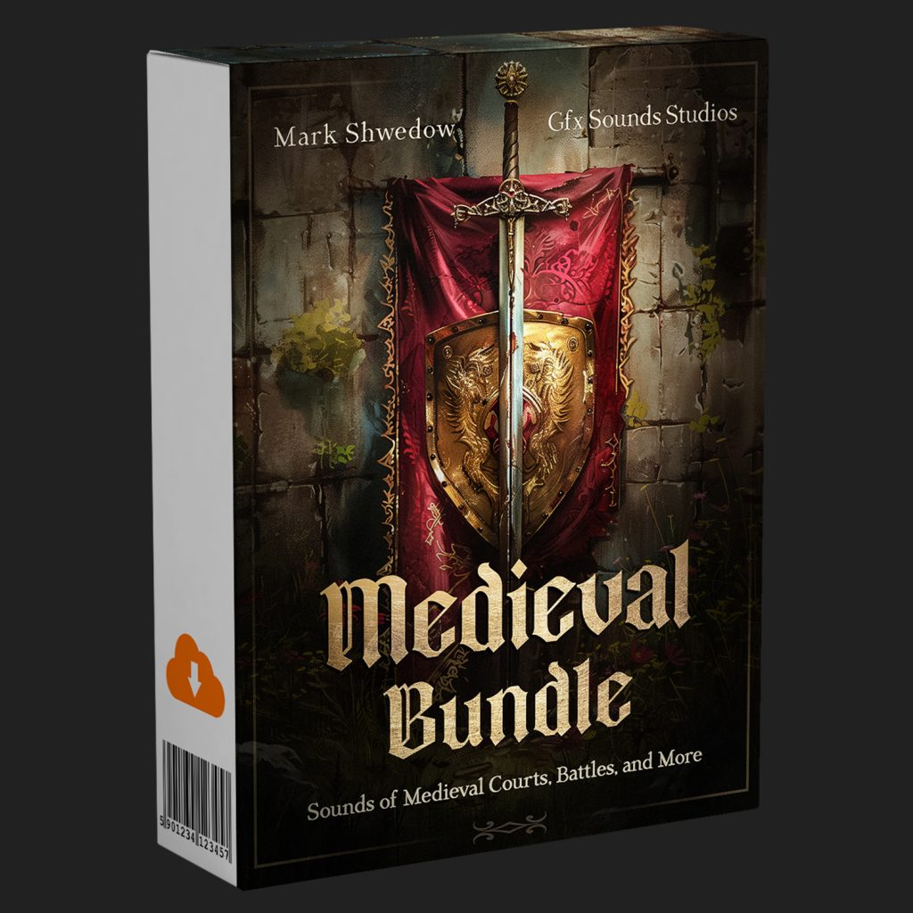 Product box with a medieval theme, sword and gilded shield on a red banner. Text: Mark Shwedow, Gify Sounds Studios, Medieval Bundle.