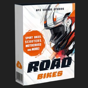 Software box labeled "ROAD BIKES" with stylized motorcycle helmet, orange accents, and text for bikes, scooters, motocross, and GFX Sounds Studios.