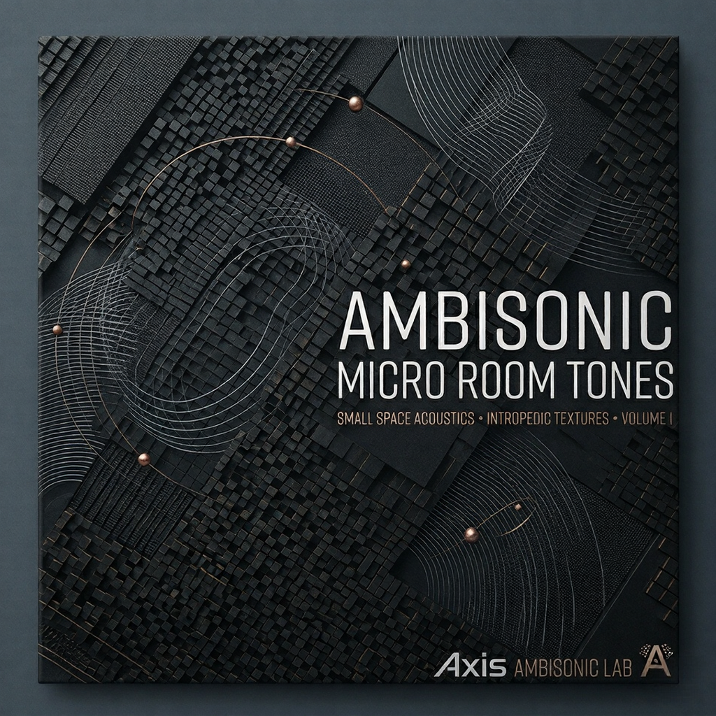 Dark, textured album cover with geometric patterns and the text "Ambisonic Micro Room Tones: Small Space Acoustics, Intropedic Textures, Volume 1" and "Axis Ambisonic Lab" in bold modern fonts.