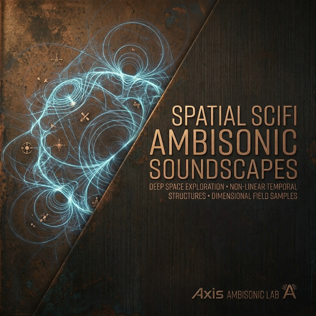 Cover art with glowing blue abstract rings and lines on a dark textured background. Text: "Spatial SciFi Ambisonic Soundscapes...
