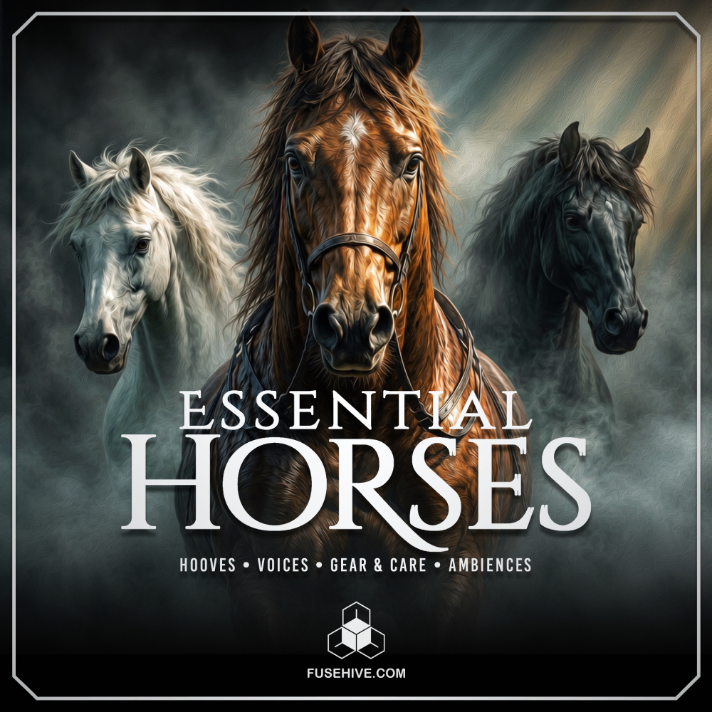 Three horses—white, brown, and black—stand side by side in mist. Foreground text: "Essential Horses: Hooves, Voices, Gear & Care, Ambiences." fusehive.com logo at the bottom.