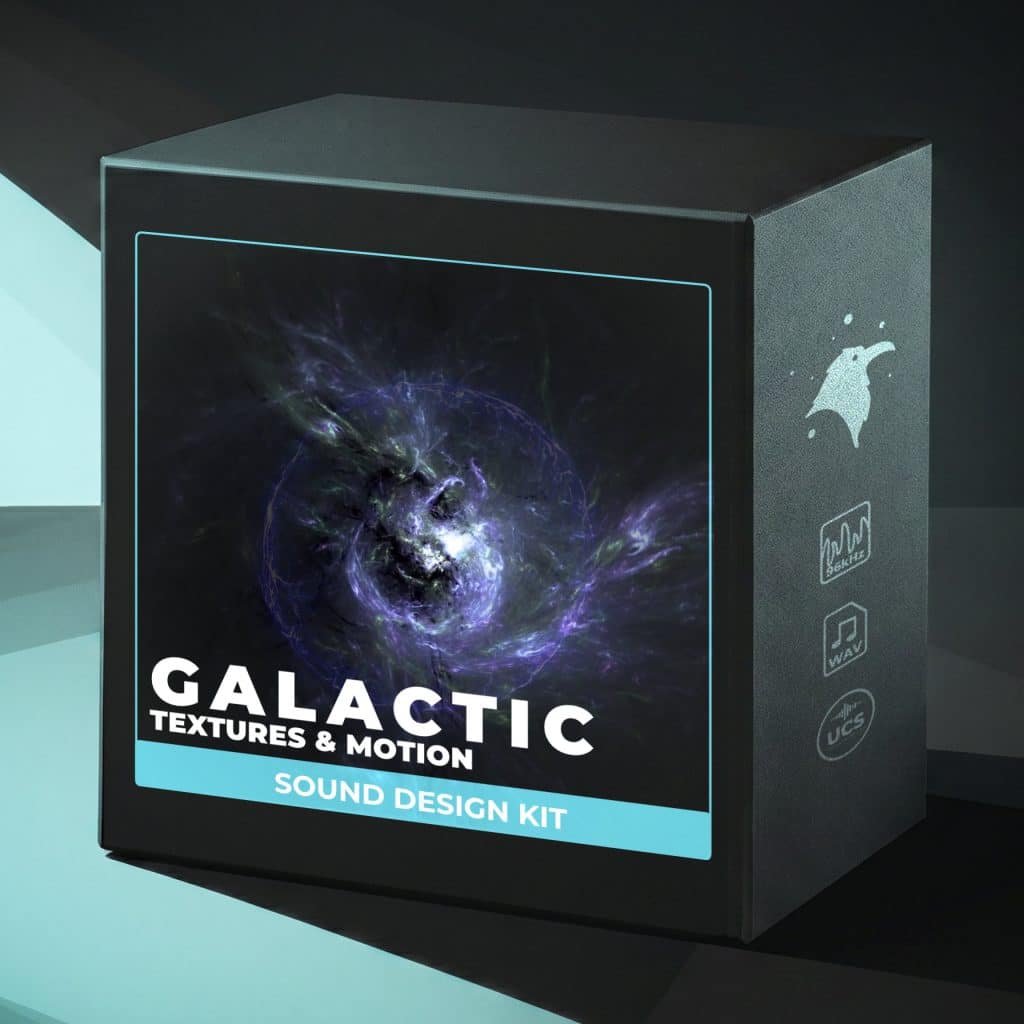 Black box labeled "Galactic Textures & Motion Sound Design Kit" with purple and blue nebula artwork; side icons for music, sound, standards.